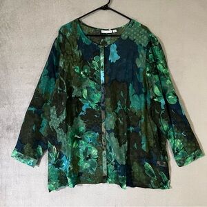 Susan Graver Green Floral Sheer Blouse Button Front Womens plus 3X
